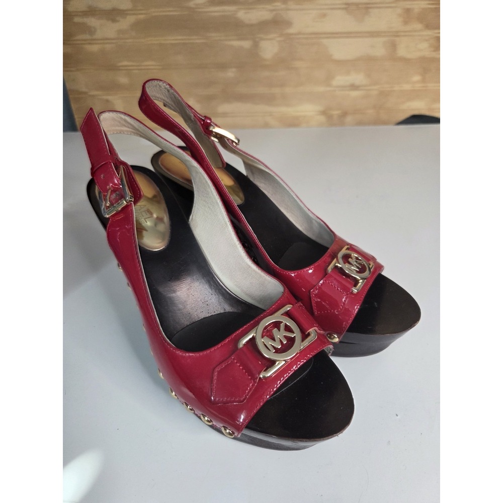 Michael Kors Red Patent Leather Platform Wedge Sandals Gold MK Logo Studded 8.5M
